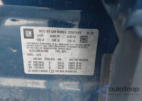 2020 Chevrolet Trax Fwd Lt z USA, uszkodzony, nr VIN KL7CJLSB0LB327885